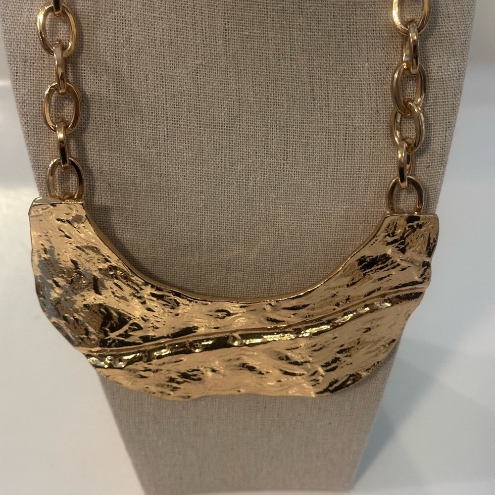 Gold Tone Hammered Crescent Bib Statement 15”L plus 3”L Necklace Unisex